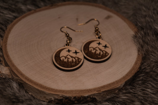 Moon Mountain Landscape Wooden Earrings